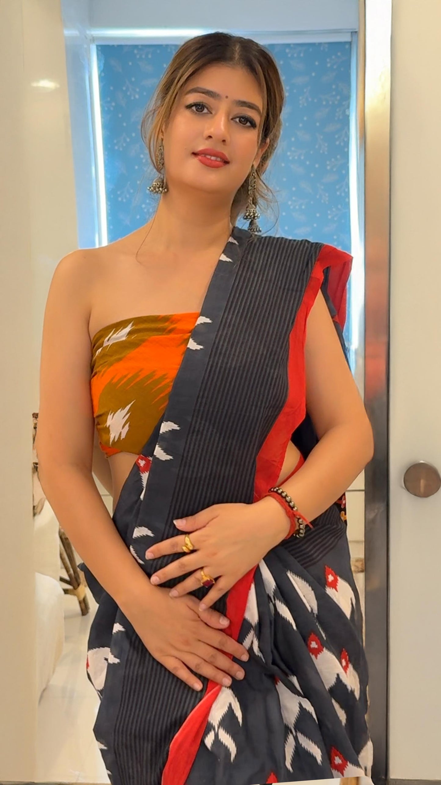 Ocean Dusk – Bagru Block Print Mul Cotton Saree With Blouse Piece