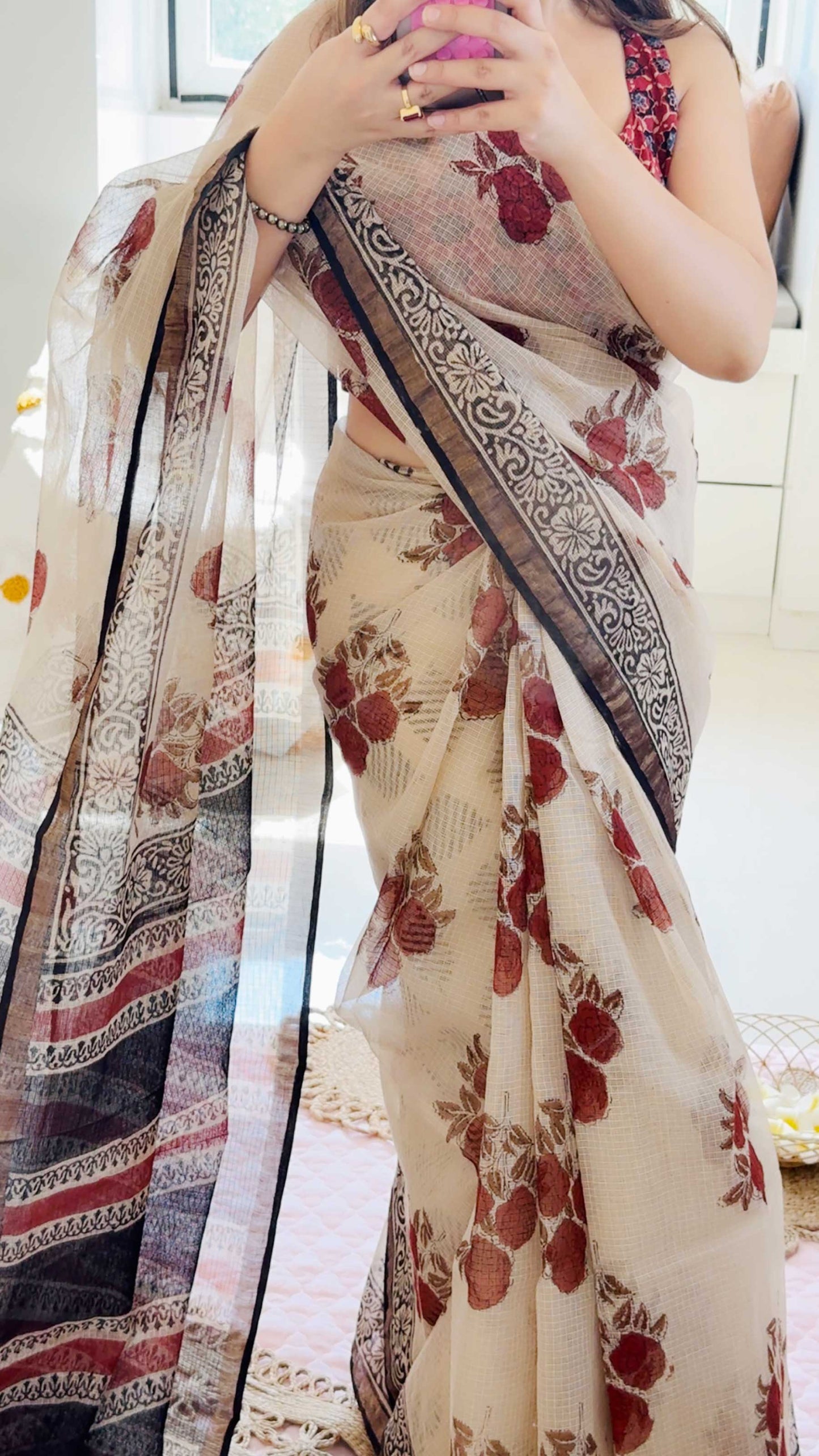 Rosewood Tales - Bagru Block Print Kota Doriya Saree With Blouse