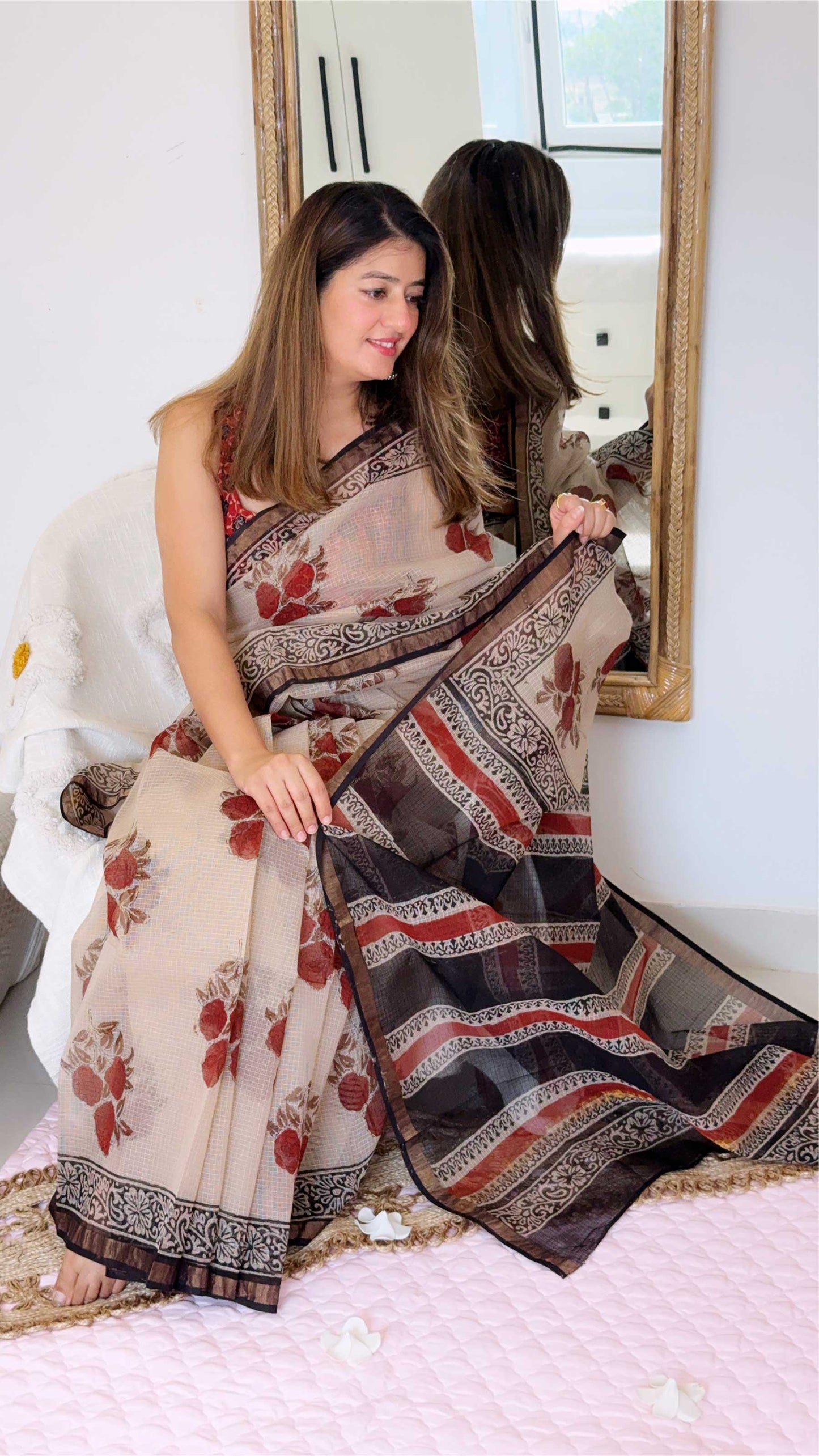 Rosewood Tales - Bagru Block Print Kota Doriya Saree With Blouse