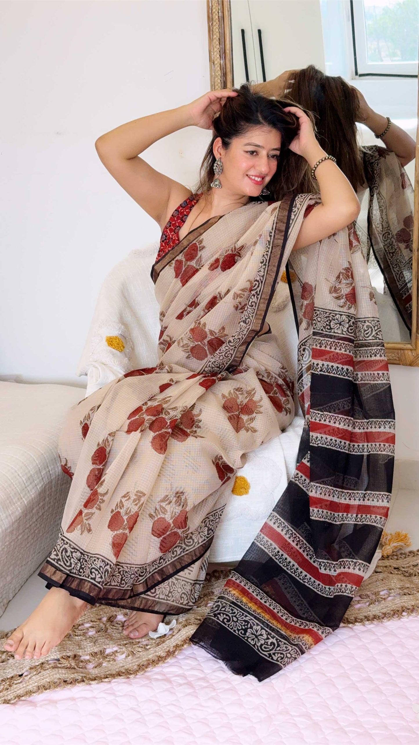 Rosewood Tales - Bagru Block Print Kota Doriya Saree With Blouse