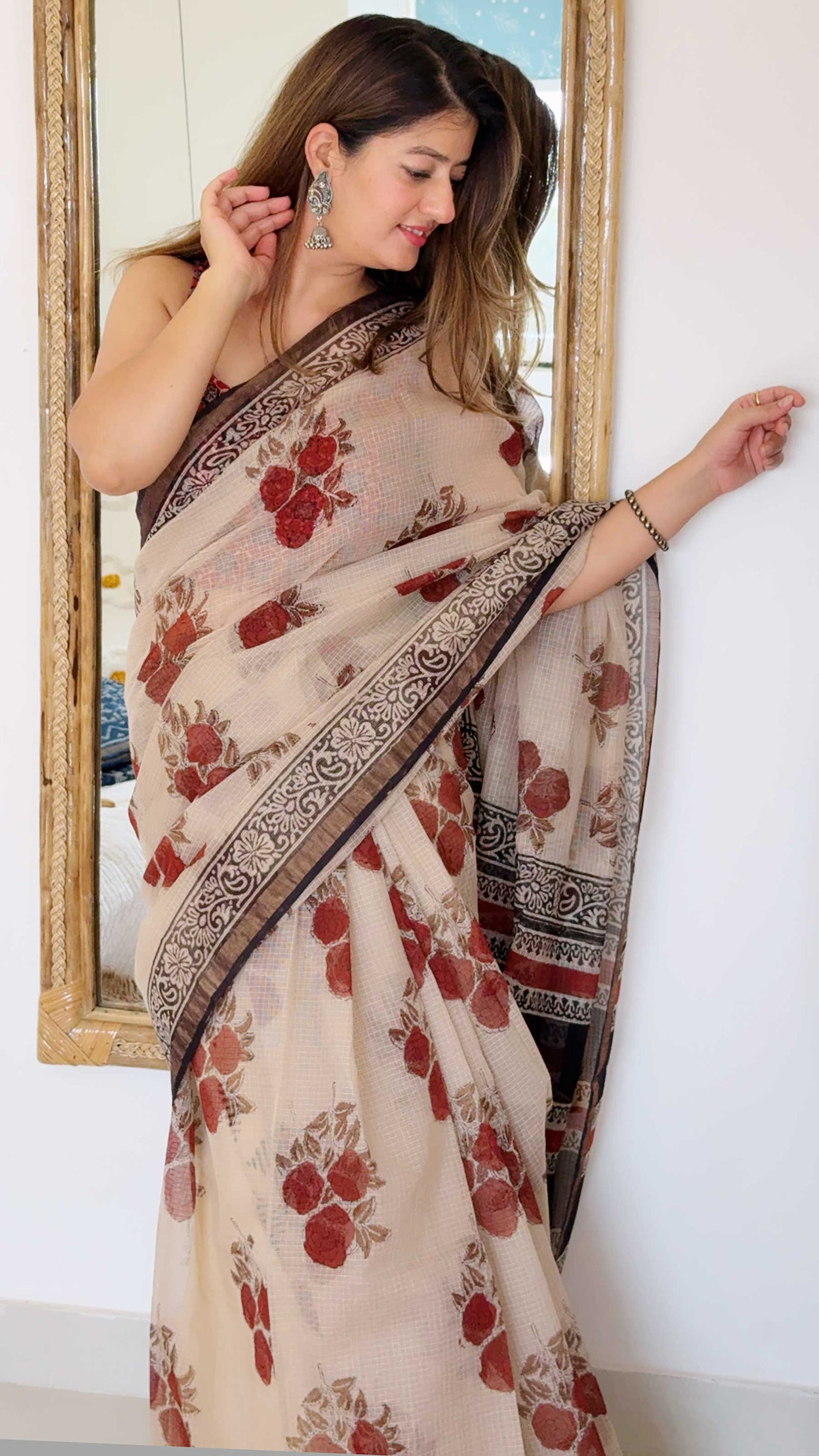 Rosewood Tales - Bagru Block Print Kota Doriya Saree With Blouse