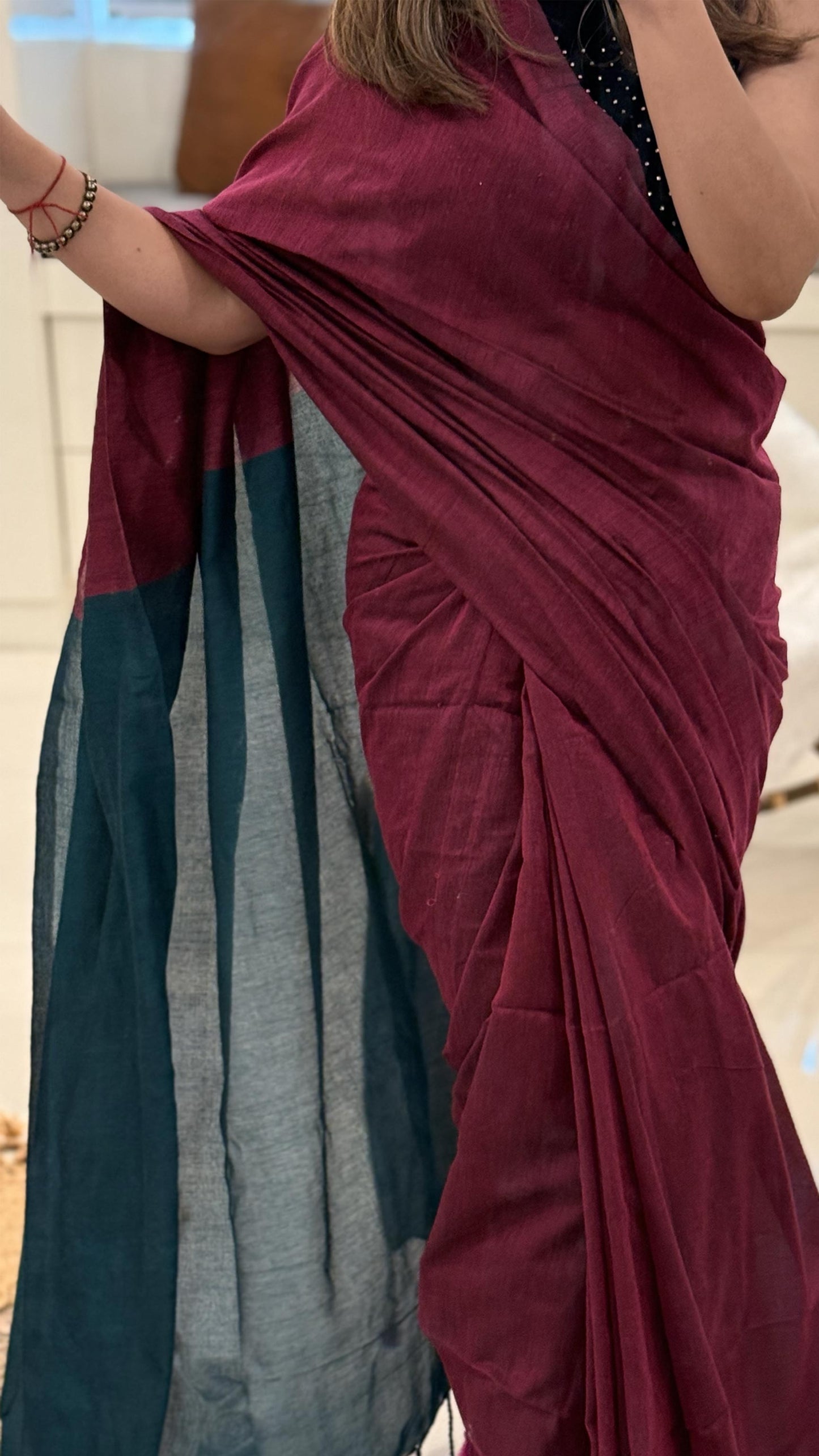 Wine & Whisper - Cotton Khadi Maroon Saree with Teal Contrast