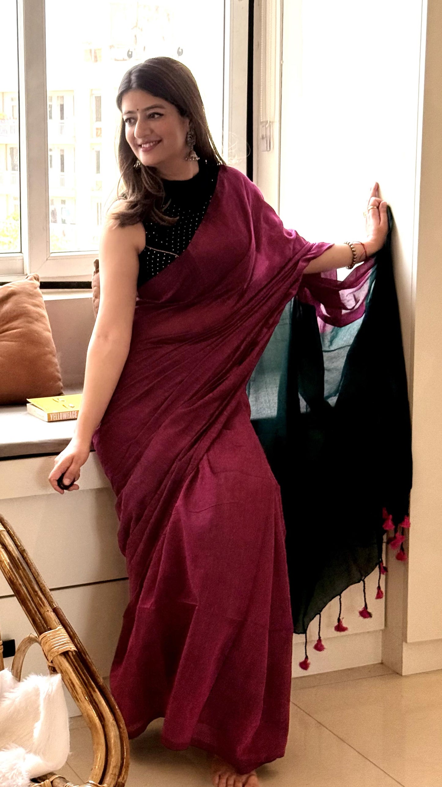 Wine & Whisper - Cotton Khadi Maroon Saree with Teal Contrast