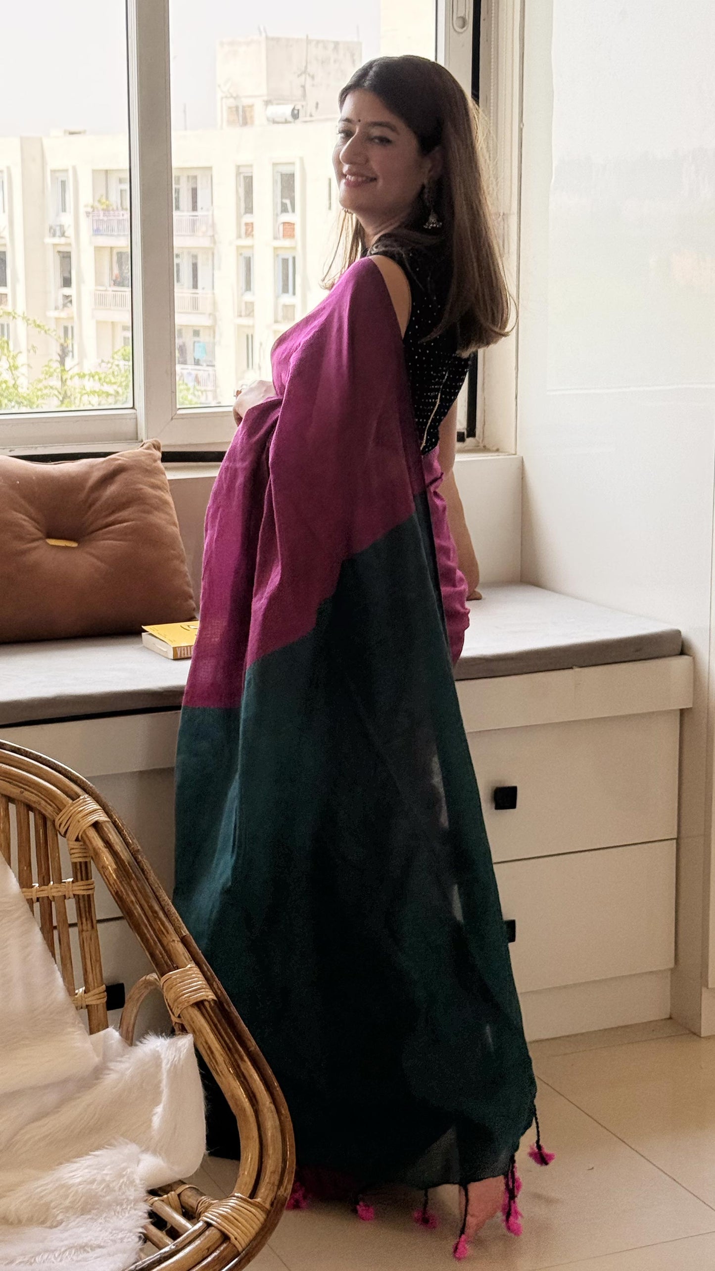 Wine & Whisper - Cotton Khadi Maroon Saree with Teal Contrast