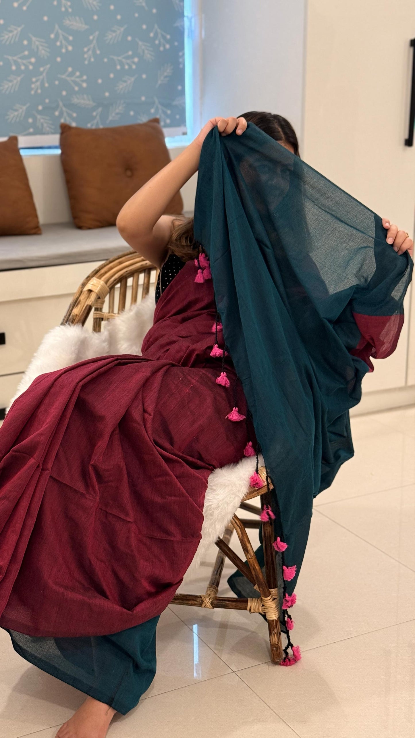 Wine & Whisper - Cotton Khadi Maroon Saree with Teal Contrast
