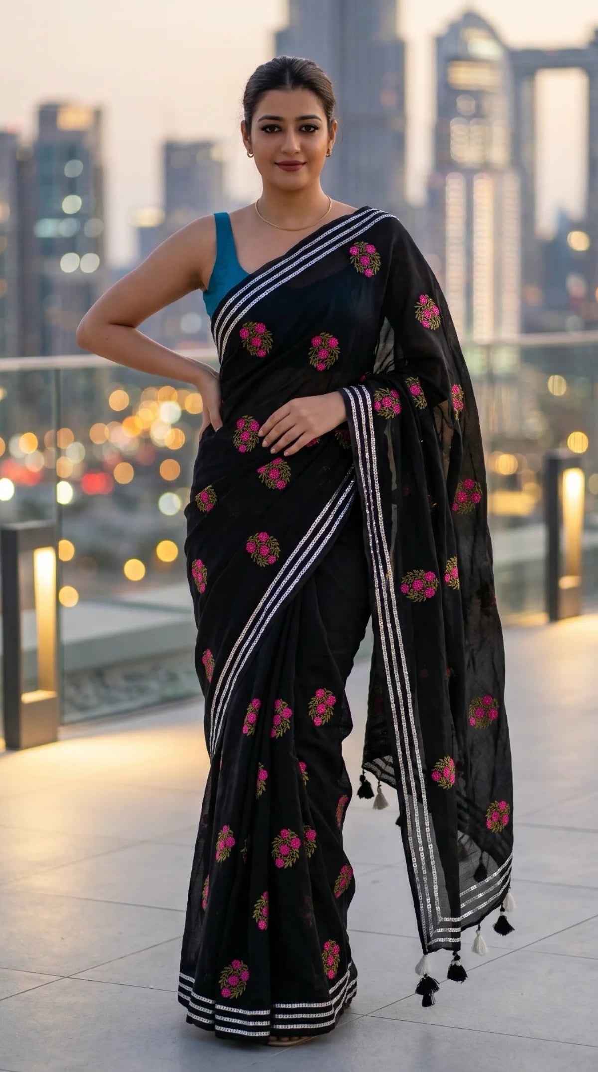 Woman in a black saree with red patterns standing on a rooftop with city skyline in the background