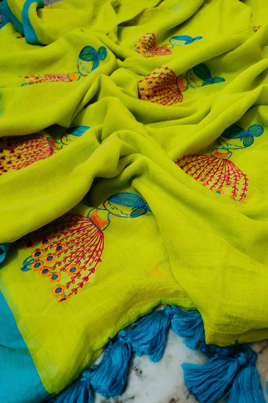 cute mul cotton neo green saree with hand embroidery