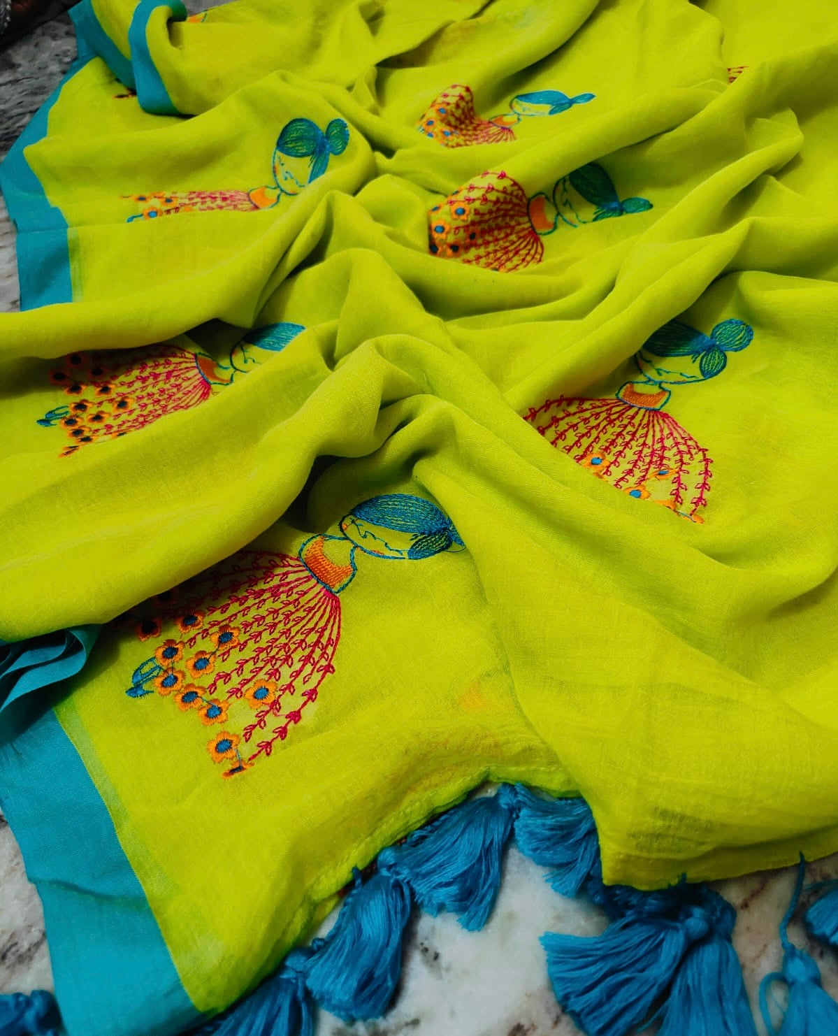 cute mul cotton neo green saree with hand embroidery