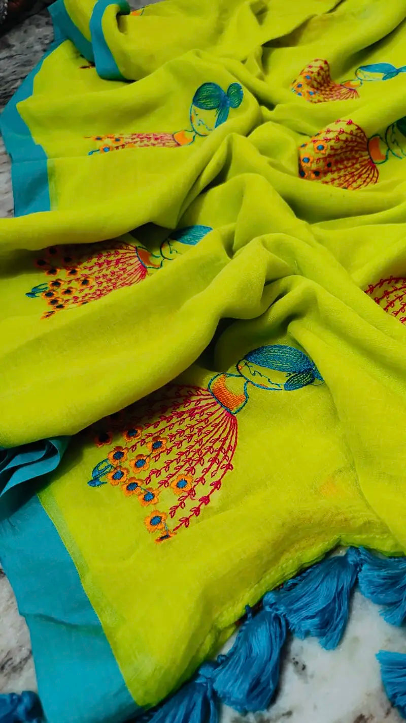 Closeup of mul cotton saree with colorful doll embroidery