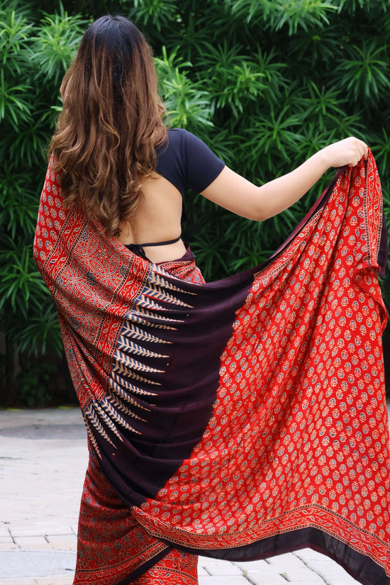 Ajrakh modal hand-block Saree