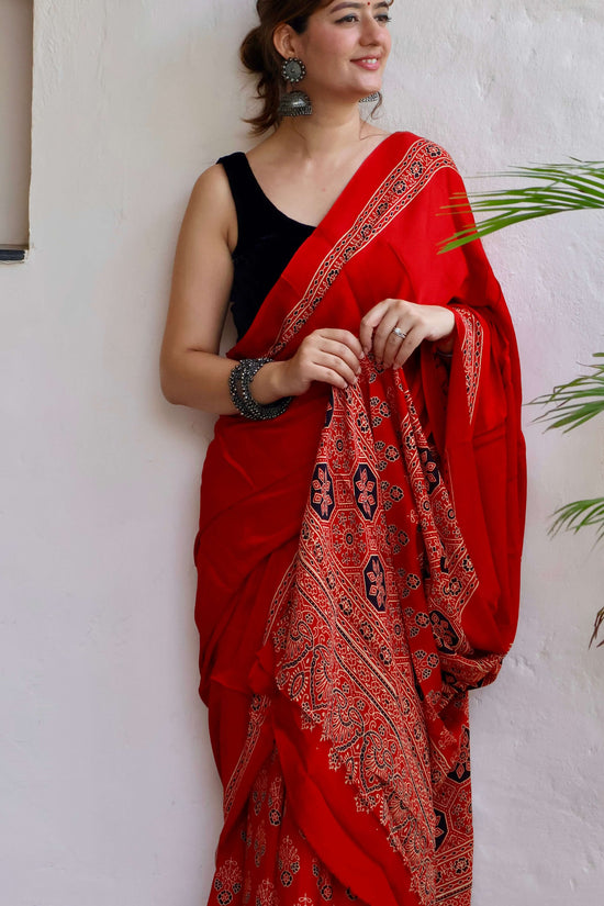 Traditional Ajrakh modal hand-block  saree