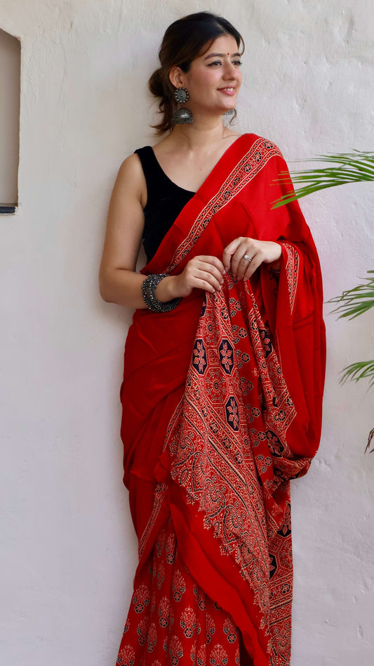 Traditional Ajrakh modal hand-block  saree