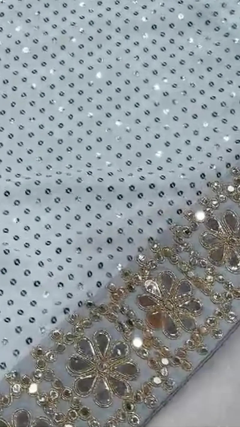 Close-up of a Sequin Georgette Saree With Heavy Mirror Work Border