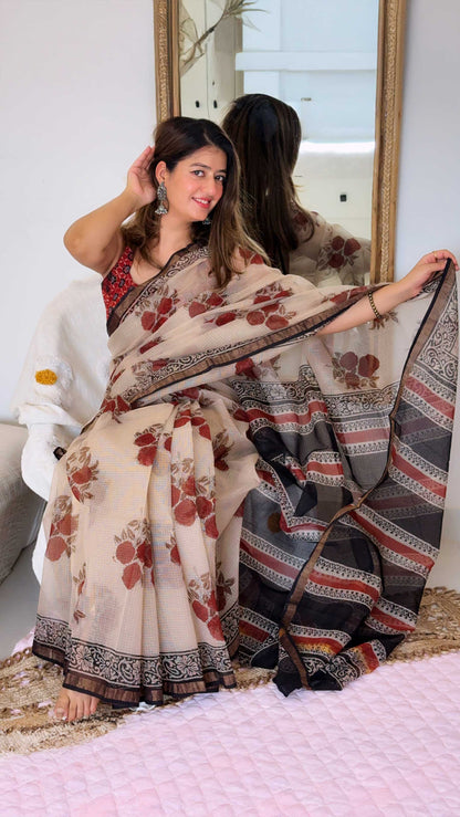 Rosewood Tales - Bagru Block Print Kota Doriya Saree With Blouse
