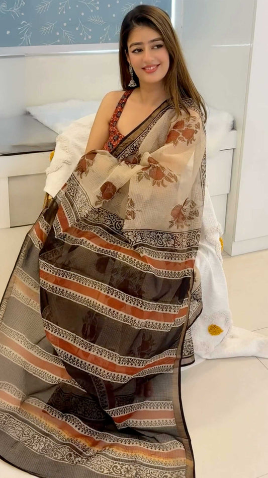 Rosewood Tales - Bagru Block Print Kota Doriya Saree With Blouse