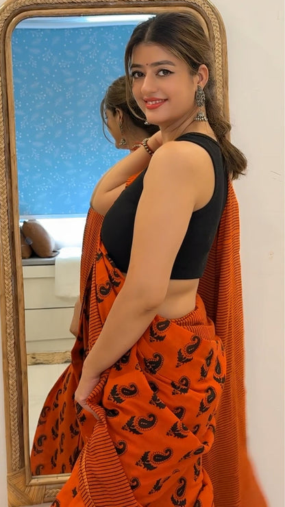 Rust Petals – Bagru Block Print Mul Cotton Saree With Blouse Piece