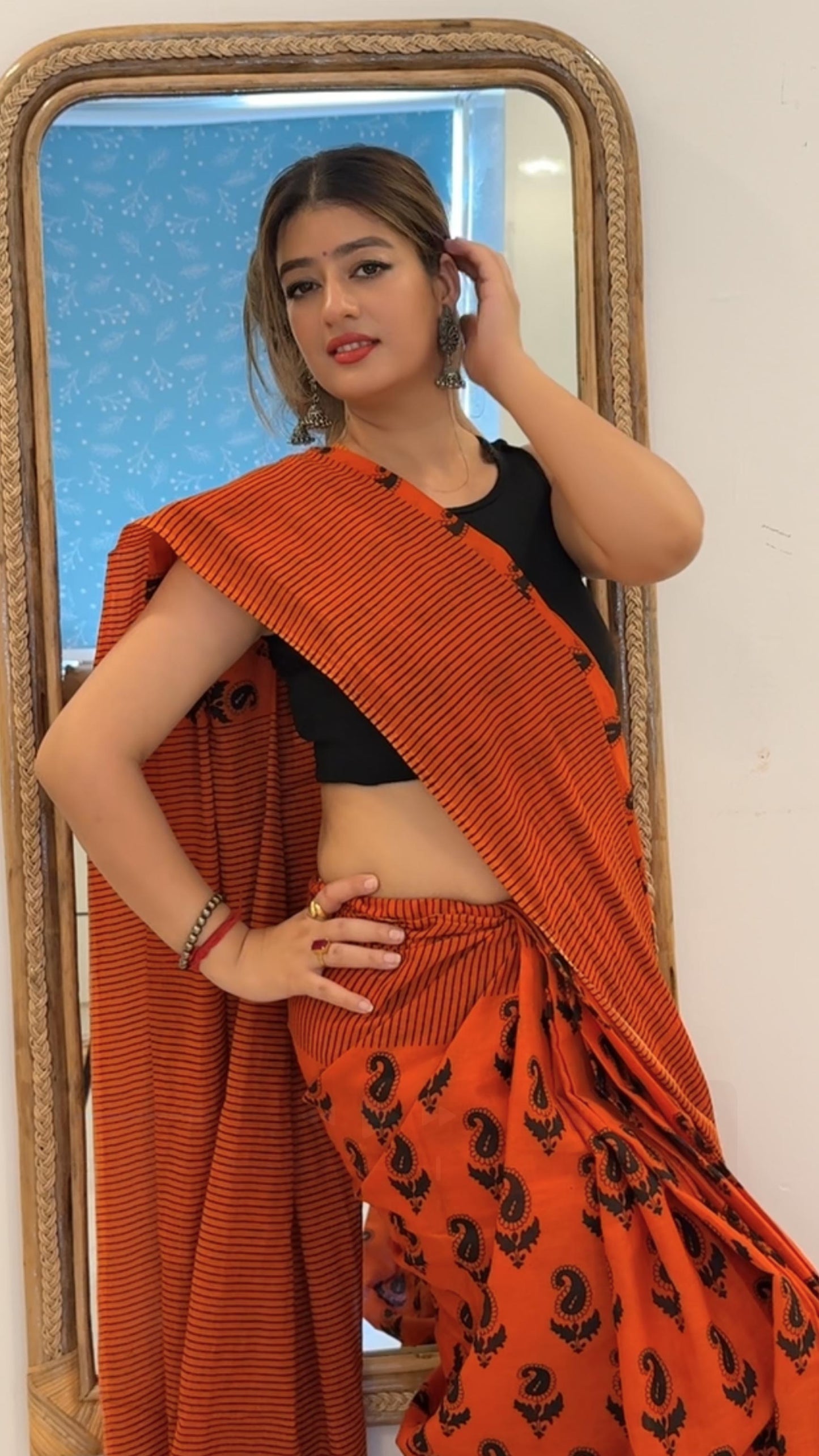 Rust Petals – Bagru Block Print Mul Cotton Saree With Blouse Piece