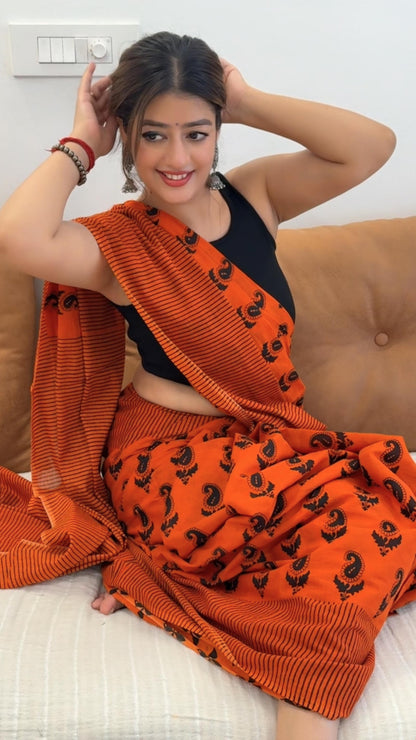Rust Petals – Bagru Block Print Mul Cotton Saree With Blouse Piece