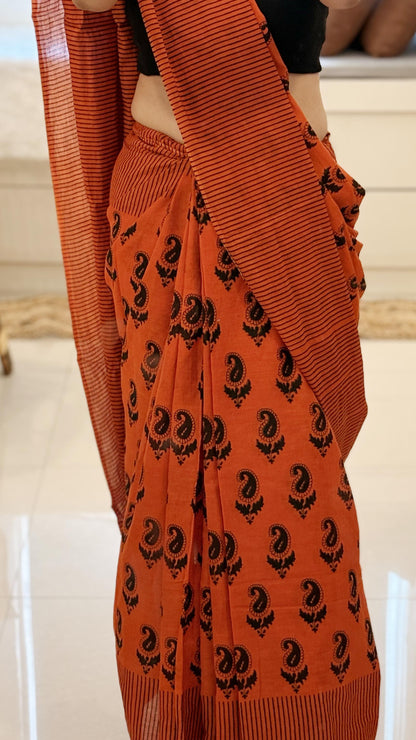 Rust Petals – Bagru Block Print Mul Cotton Saree With Blouse Piece