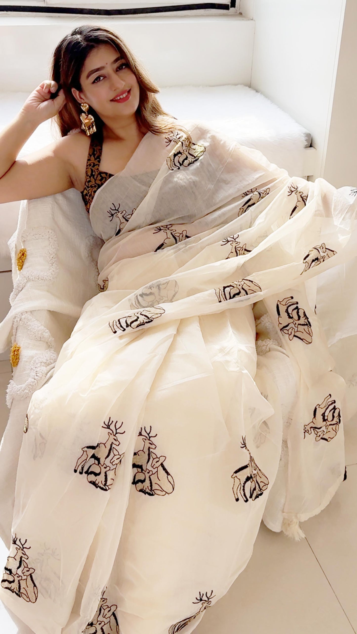 Whisperwild – Graceful Cream Tissue Saree with Embroidery Thread work