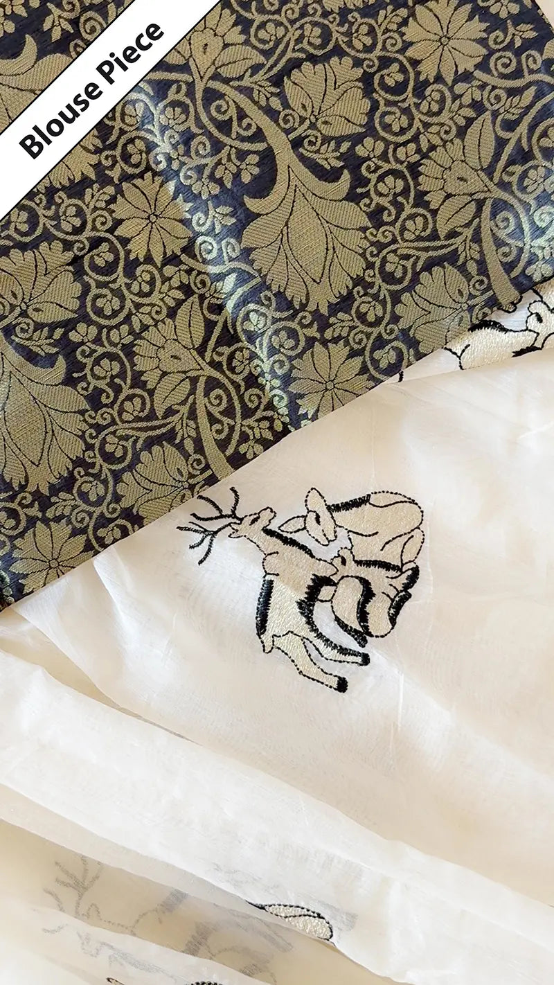 Close-up of a blouse piece with intricate embroidery and patterned fabric.