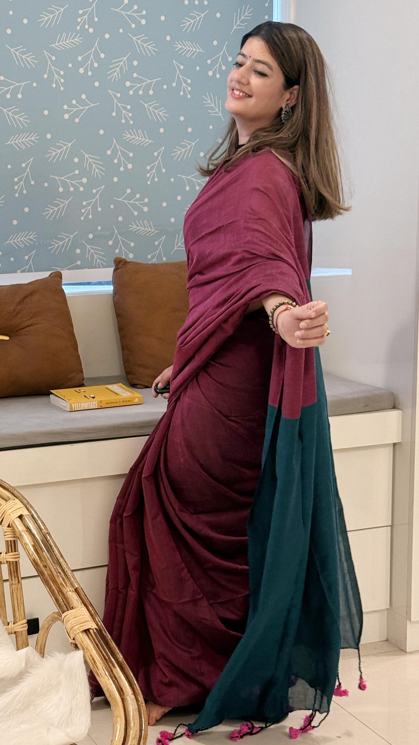 Wine & Whisper - Cotton Khadi Maroon Saree with Teal Contrast