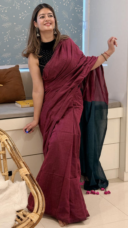 Wine & Whisper - Cotton Khadi Maroon Saree with Teal Contrast