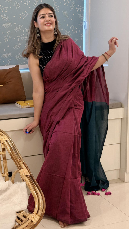 Wine & Whisper - Cotton Khadi Maroon Saree with Teal Contrast