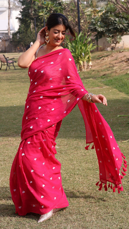 Berry Bliss  - Dark Pink Heart Embroidery Mul Cotton Saree