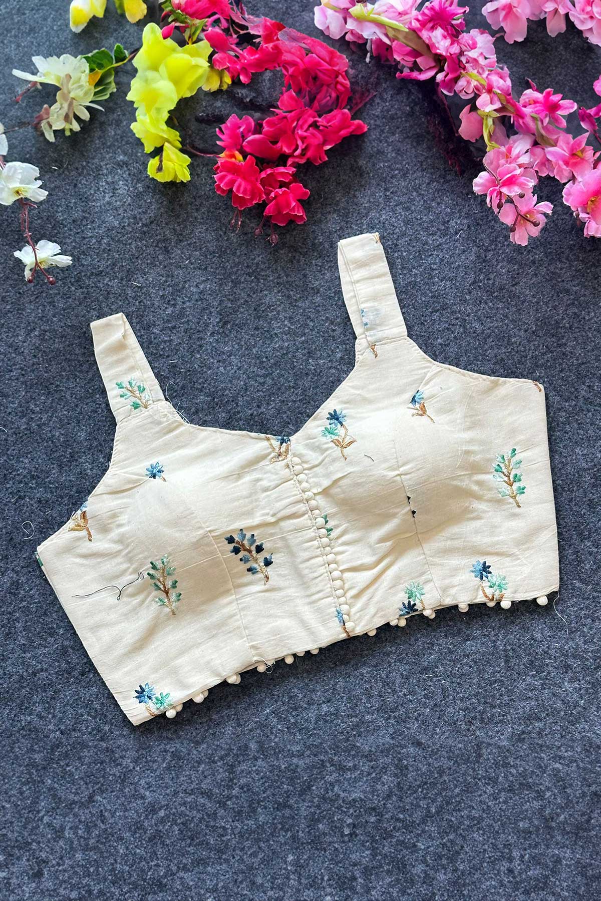 Dome Neck Embroidered Cotton Padded Sleeveless Blouse