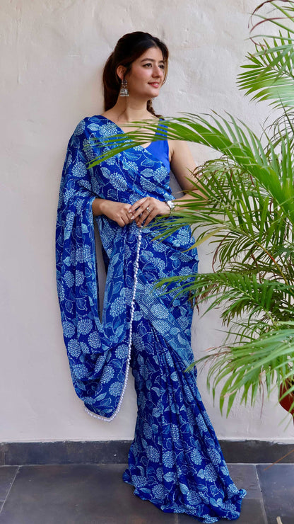 Blue Sapphire - Embroidered Chinon Saree With Blouse