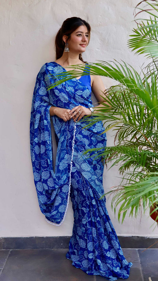 Blue Sapphire - Embroidered Chinon Saree With Blouse