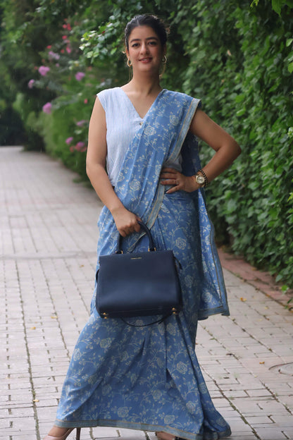 Rare Blue Rose Muslin print saree