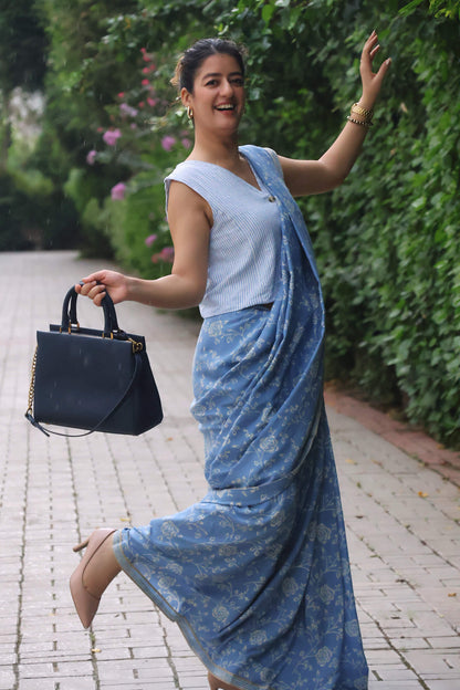 Rare Blue Rose Muslin print saree