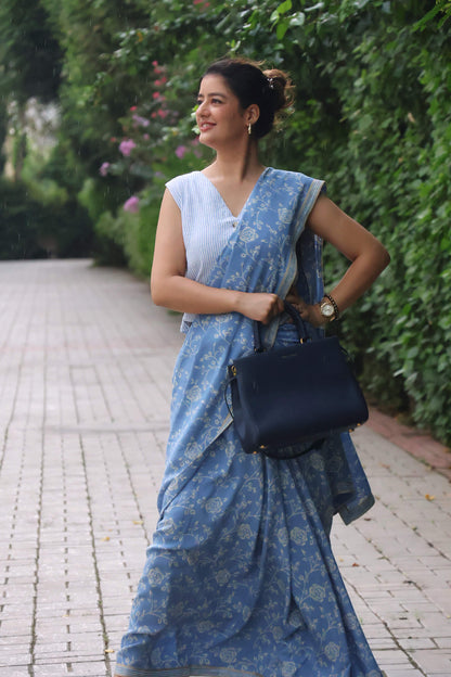 Rare Blue Rose Muslin print saree