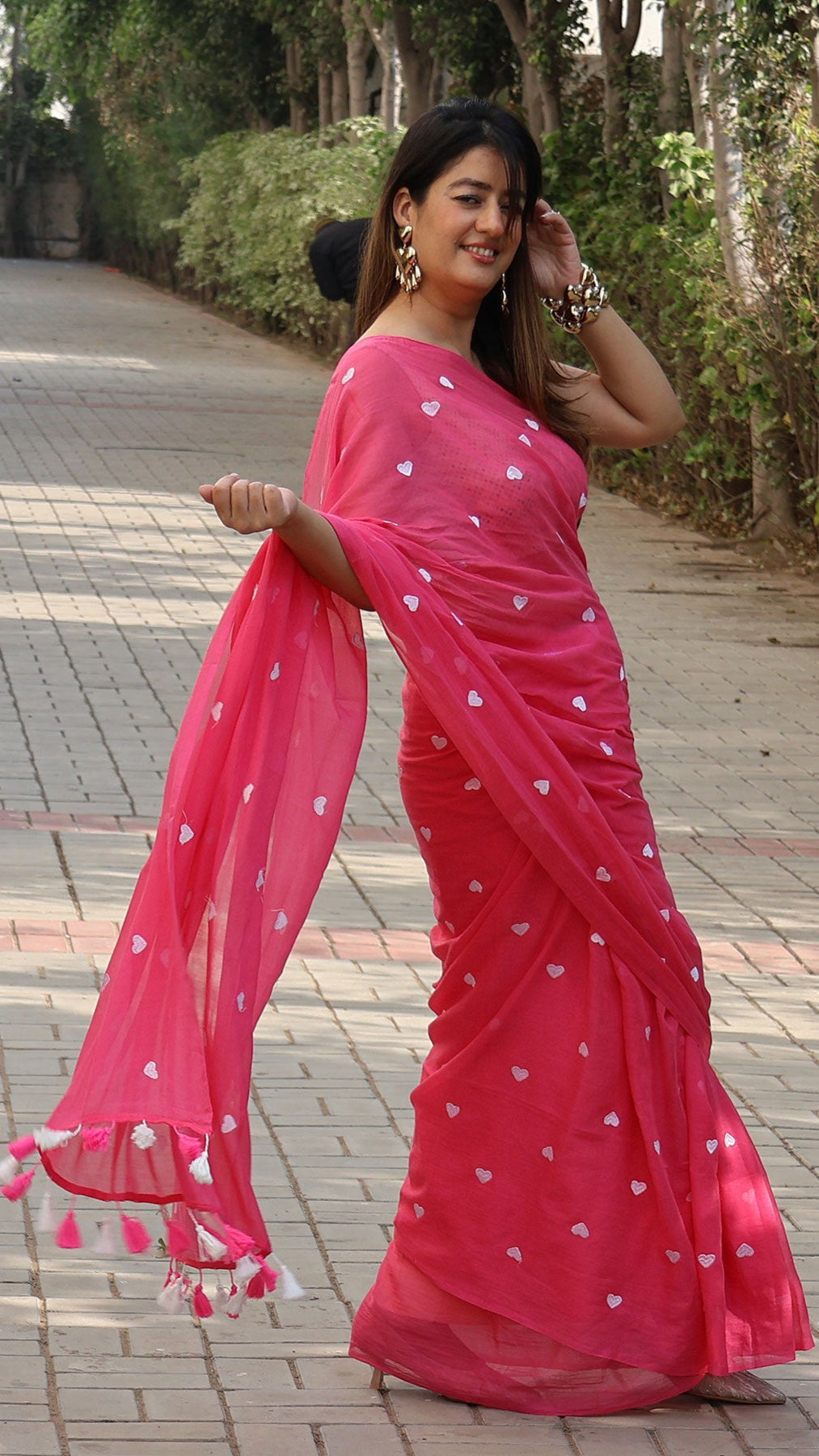Blush Bloom  - Heart Embroidery Pink Mul Cotton Saree