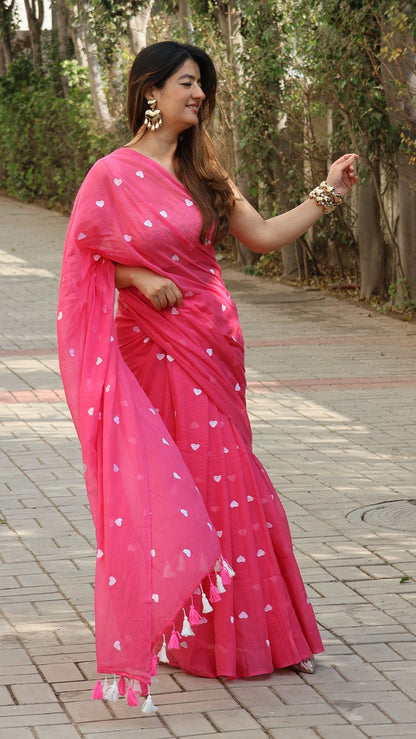 Blush Bloom  - Heart Embroidery Pink Mul Cotton Saree