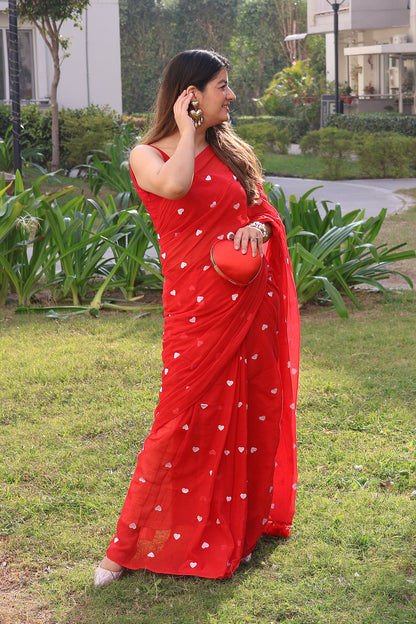 Crimson Embrace - Heart Embroidery Mul Cotton Saree