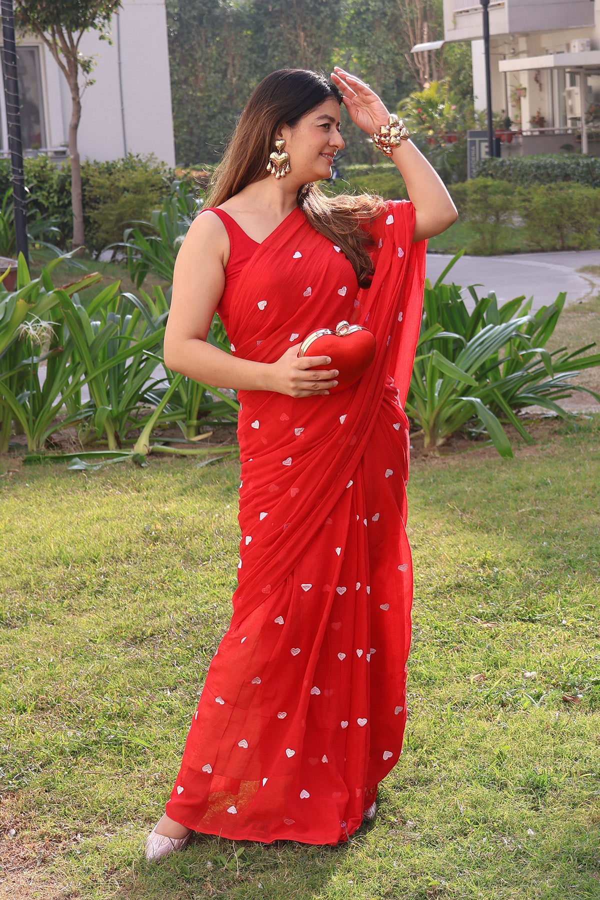 Crimson Embrace - Heart Embroidery Mul Cotton Saree