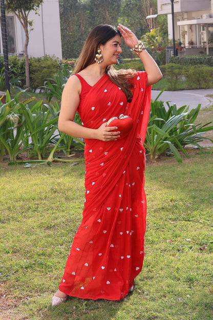 Crimson Embrace - Heart Embroidery Mul Cotton Saree