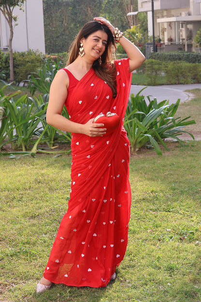 Crimson Embrace - Heart Embroidery Mul Cotton Saree