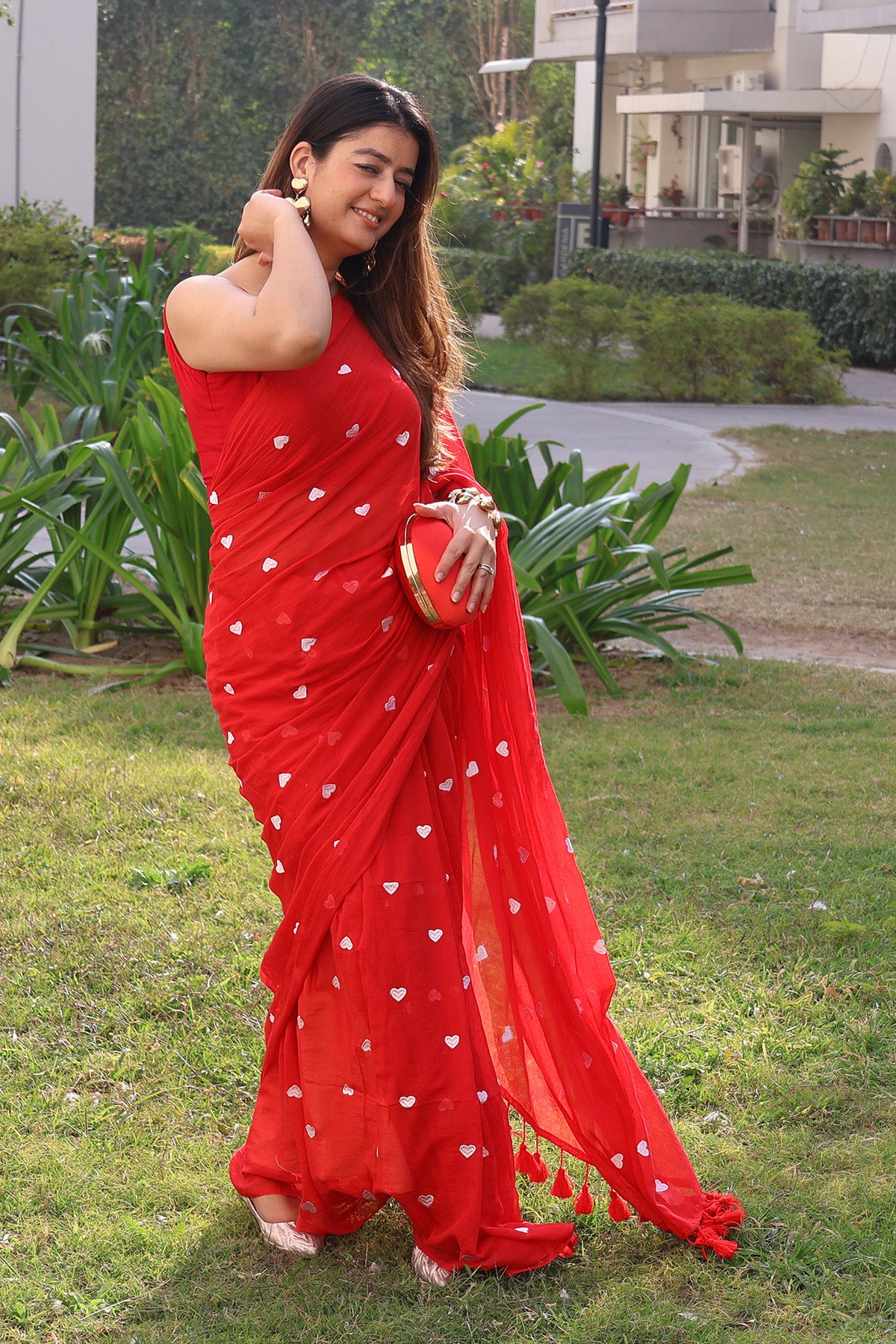 Crimson Embrace - Heart Embroidery Mul Cotton Saree
