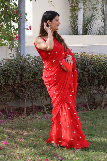 Crimson Embrace - Heart Embroidery Mul Cotton Saree