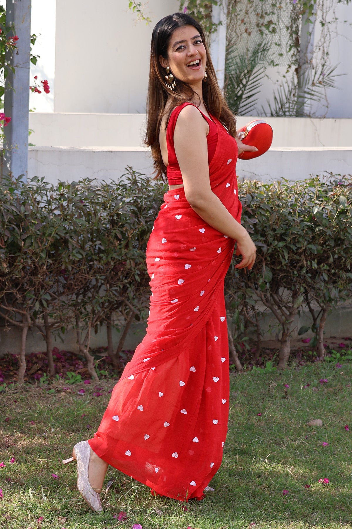 Crimson Embrace - Heart Embroidery Mul Cotton Saree