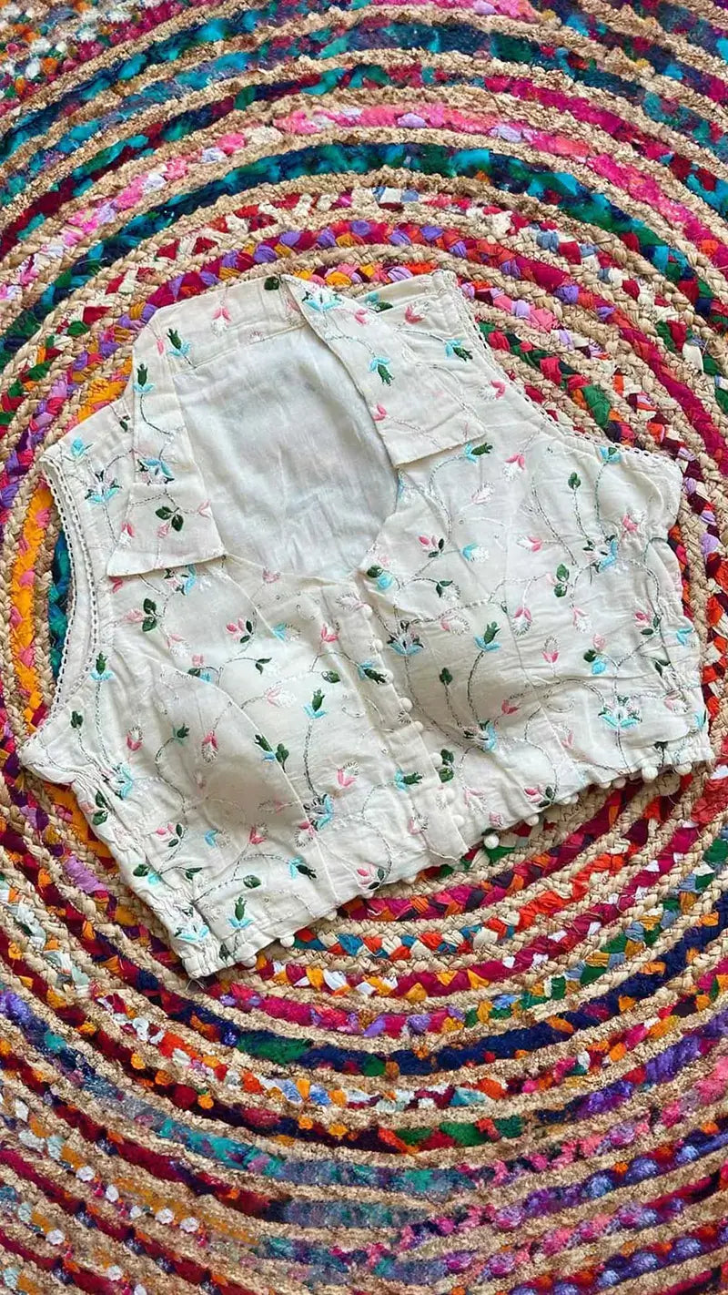 Petal Embroidered Collar Neck Cotton Padded Blouse