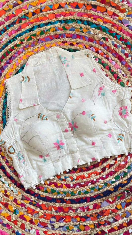 Collar Neck Embroidered Cotton Padded Blouse
