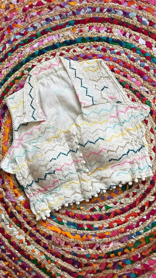 Collar Neck Zigzag Embroidered Cotton Padded Blouse