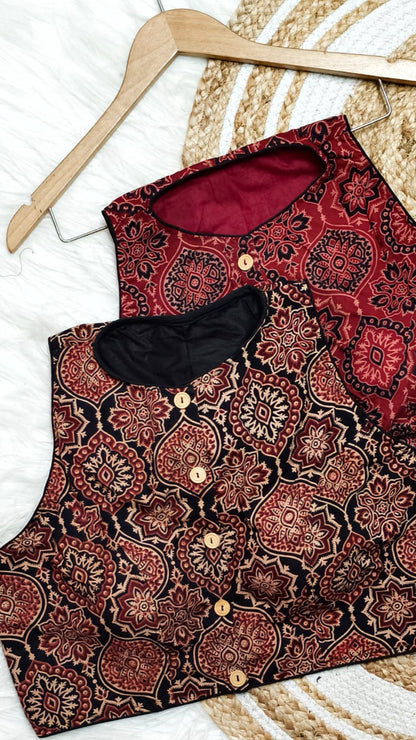 High Neck Cotton Ajrakh Padded Blouse