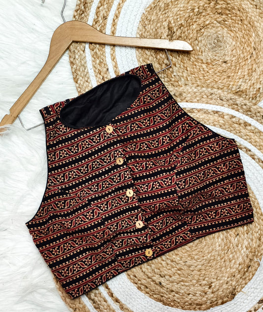 High Neck Cotton Ajrakh Padded Blouse