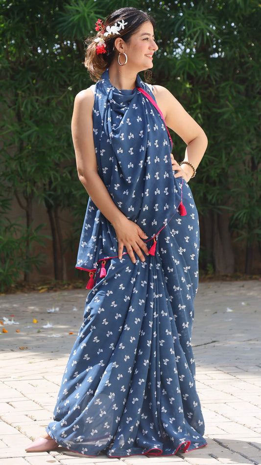 Bow Printed georgette saree with blouse